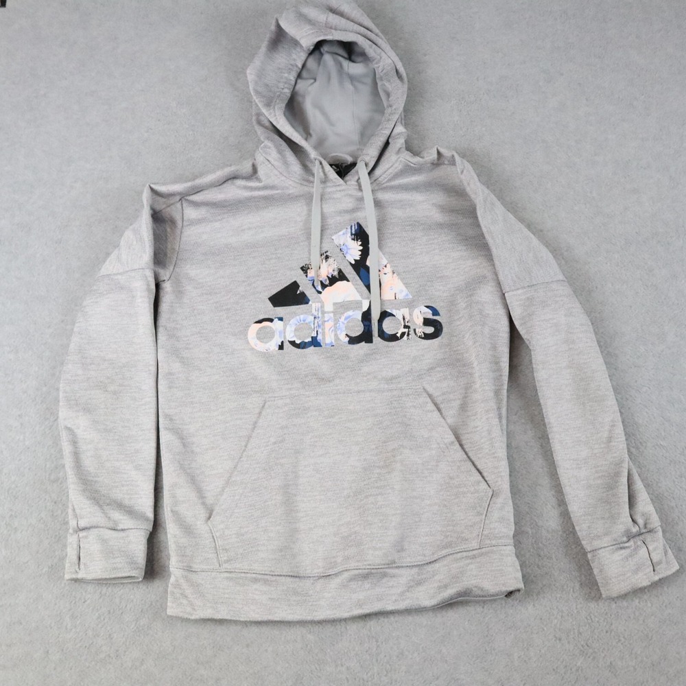 Adidas Hoodie Womens Small Pullover Sweatshirt Flower Logo Gray Long Sleeve‎